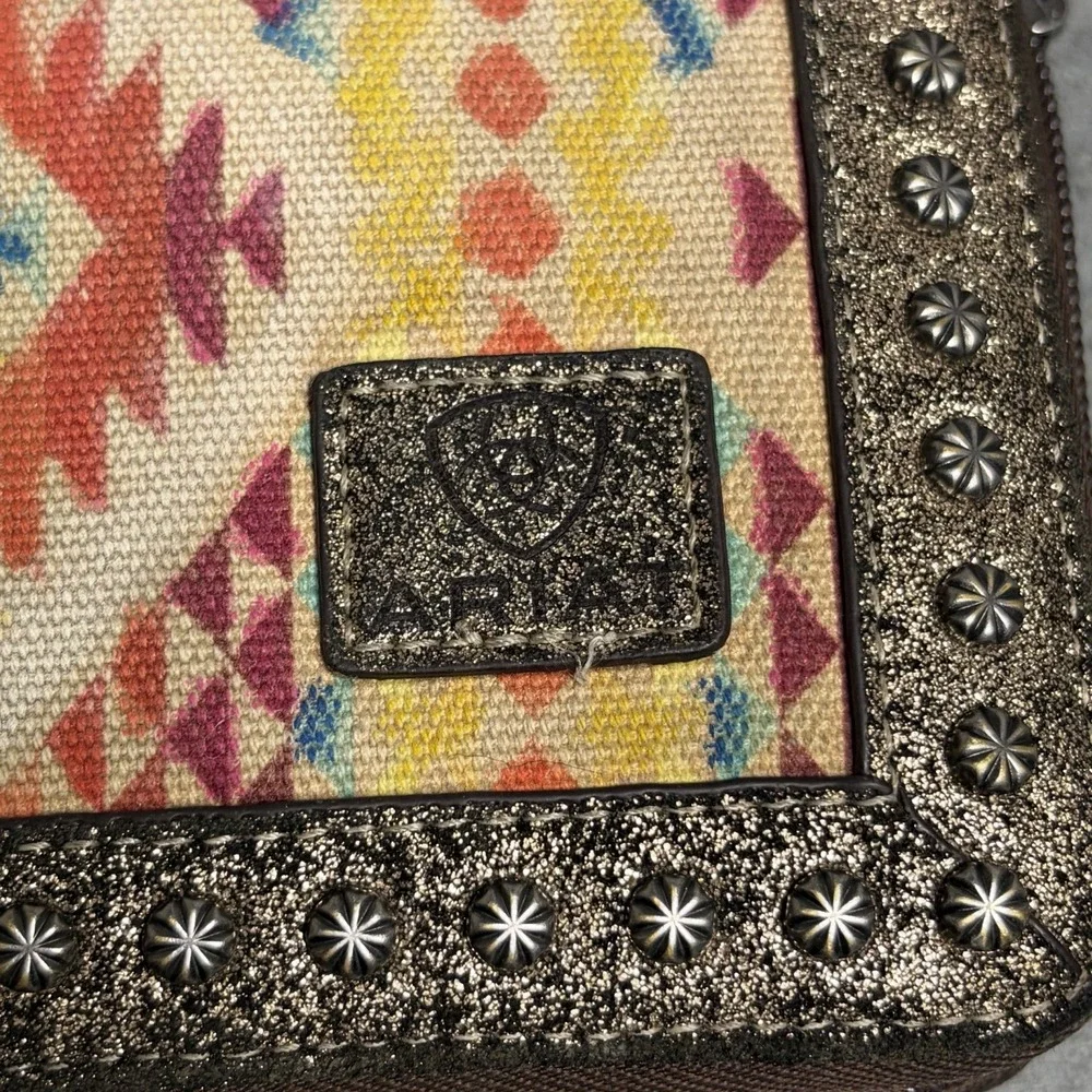 Ariat Womens Southwestern Canvas Zipper Aztec Wallet Brown Glitter Stud Trim